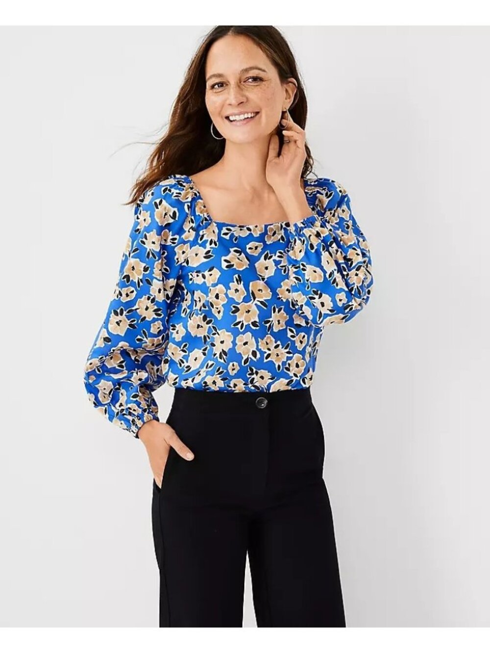 Ann Taylor Blouse XS Floral Square Neck Puff Sleeve Top Blue Tan Office Bohemian